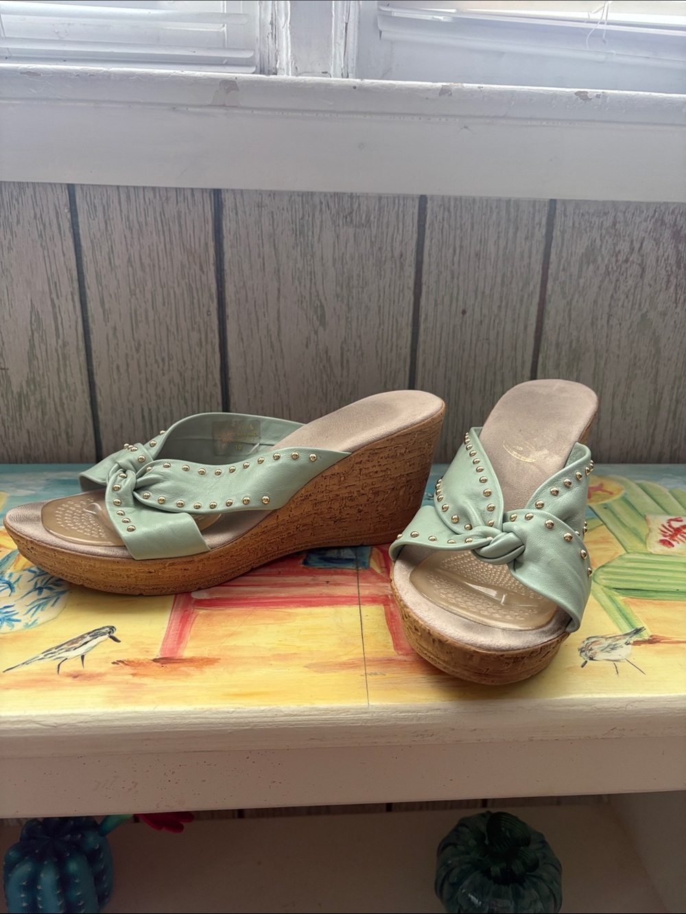 Onyx Mint Green Studded Wedge Sandals